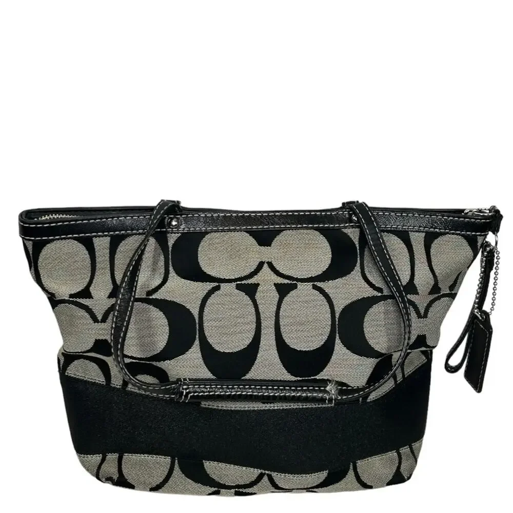 Coach Vintage Signature Canvas Tote Black Khaki Large - Picture 7 of 12